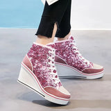 Spring Autumn Women's Shoes Pink Black Silver Glitter Vulcanize Shoes Woman Platform Wedge Sneakers Casual Zapatos De