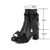 Womens Chunky Med Heel Ankle Booties Sweet Lolita Bow Lace Up Boots with Side Zipper Cosplay Shoes Pink Black White Size