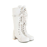 Women Platform Vintage Lolita Boots Cosplay Chunky Heel Cute Bow Shoes Round Toe Mid-Calf Kawaii Cross-Tied Princess