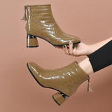 Boots Patent Leather Women's Shoes 2023 New Spring And Autumn Soft Leather Square Head Short Boots Women's Thick Heel Medium Heel Martin