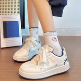 Breakj College Wind Board Shoes Women's New Leather-Faced High-Heeled Casual Shoes Cute Cat Round-Headed Small White Shoes In