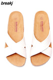 2023 Fashion Men Beach Cross Cork Slippers Summer Unisex Solid Color Non-slip Outside PU Leather Slide