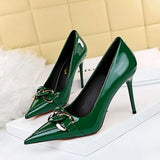 Breakj Fashion High Heels Women's Shoes Fine Heel Patent Leather Shallow Mouth Pointed Head High Heel Metal Belt Buckle Single