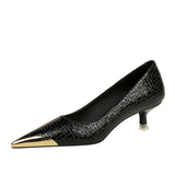 Breakj Retro Banquet Women's Shoes Show Thin Heel Middle Heel Shallow Metal Pointed Iron Head Snake Grain Single