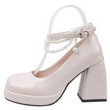 High Heels Mary Jane Shoes for Women 2023 Patent Leather Platform Pumps Woman Pearls Chain Thick-Heeled Shoes