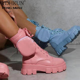 2020 Autumn Winter Bootie Pocket Buckle Strap Pink Chunky Boots Leather Patchwork Arrival Platform Boots Mid-calf