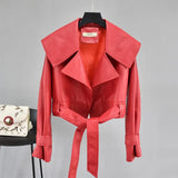 Autumn Women Pu Leather Jackets Short Coat Turndown Collar Belt Lace-up Motorcycle Black Punk Red Overcoat Female