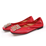 Spring Ballet Flats Shoes Women Soft PU Leather Crystal Slip On Boat Shoes Fashion Square Toe Rhinestone Ballerinas