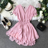 2020 New V-collar Flocking Point Chiffon Couplet Girls Summer Short Playsuits Women Short Sleeve Sweet Jumpsuits