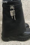 New Brand Trendy 2023 Fashion Mid Calf Boots Thick Heeled Metal Buckle Short Women Boots Leather Female Shark