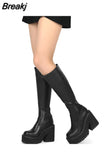 Chunky High Heeled Women Knee High Boots Fashion Cool Round Toe Cute Sweet Heeled Boots Gothic Uniform Dress