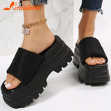 Dropship 2023 Summer Brand New Women Single Band Platform Sandals Black Nylon Chunky Platform Wedges Slipper