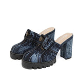 2021 Summer Women Sandals Baotou Denim Slides Shoes Square Heels Bottom Outdoor Beach Casual Platform Non-slip Footwear