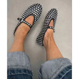 Studded Crystal Women Mary Jane Ballet Shoes Summer Mesh Hollow Sandals Laofers Casual Soft Leather Comfortable