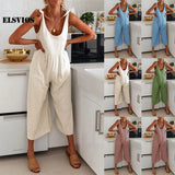 Summer Fashion New Sling Cotton And Linen Jumpsuit Casual Sleeveless Solid Color Loose Slim Jumpsuit Elegant Beach