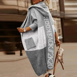 Fashion Back Letter Printed Loose Coats Women Fall Winter Elegant Hooded Overcoat Casual Pockets Office Lady Knit Tops