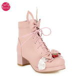 Vintage Girls Japanese Lolita Ankle Boots Women Cute Bow Princess Shoes Ladies Rabbit Ear Square Heel JK Uniform Colsplay