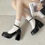 High Heels Mary Jane Shoes for Women 2023 Patent Leather Platform Pumps Woman Pearls Chain Thick-Heeled Shoes