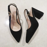 Genuine Leather Slingbacks Shoes Women High Heels Kid Suede Thick Heel Pumps Buckle Pointed Toe Ladies Footwear Size