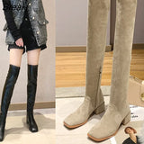 Women Boots Sexy Zipper Over The Knee Boots Women Flats Shoes Square Toe Long Boots Thigh High Suede Chunky Heel