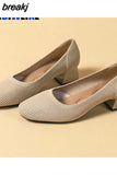 Size Women's Square Toe High Heels Mixed Color Casual Breathable Knitted Shoes Square Heel Shoes Zapatos De Mujer