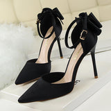 Breakj Korean Version Of Delicate High Heels Satin Hollow Shallow Mouth Tip With Hollow Bow Female