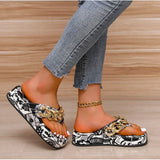 Sumer Women Colorful Graffiti Printed Platform Flip Flops Golden Chain Casual Sandals Ladies Beach Shoes Outdoor