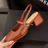 Heels Mary Jane Sandals Women 2023 Summer Red Patent Leather Slingbacks Pumps Woman Square Toe Thick Heeled Shoes