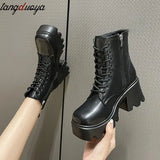 Women's Ankle Boots Zip Lace Up Square Toe Ladies Boots Thick Bottom Non-slip High Heels Female Shoes Winter Footwear