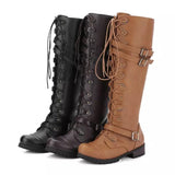 Breakj Boots Round Head Belt Buckle Flat-Bottomed Long Boots Women Autumn And Winter New Rivet Tie With High-Spring Knight