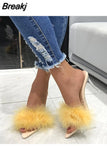 New PVC Shoes Slippers Women Hairy Transparent High Heels Fashion Sexy Pointed High Heels Ladies Slide Mules Women