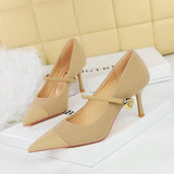 Breakj Korean Version Of Fashion Banquet High Heels Women's Shoes With Light Corduroy Stitching Pointed One Word Belt Single