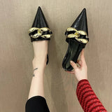 Women's Mules Shoes Pointed Toe Low Heel Women's Slippers Summer Metal Chain Female Sandals Woman Closed Toe Casual