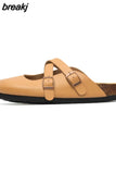 New Summer Women Gladiator Cork Sandals Fashion Casual Buckle Strap Closed Toe PU Leather Sandal Shoe Flat