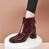 Boots Patent Leather Women's Shoes 2023 New Spring And Autumn Soft Leather Square Head Short Boots Women's Thick Heel Medium Heel Martin