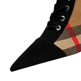 Breakj Korean Version Of Fashion With High Heel Pointed Plaid Color Suede Lace Trend Cross Straps Ankle