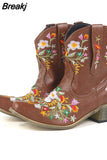 Retro Female Western Boots Wood Sole Spike Heels Pointed Toe Slip-On Floral Flower Ankle Boots Shoes Plus Size
