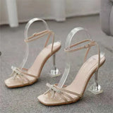 Breakj Large-Size High-Heeled Sandals Women Wear Water Drill Bows Solid Color Fine High Heels Sexy Word