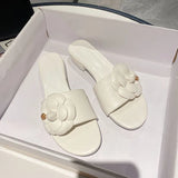 Woman Floral Sandals Low Square Heels Slippers Femme Shoes Summer Ladies Open Toe Flipflops Luxury Camellia Slides