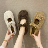 Knot Lamb Wool Wool Shoes Women Wear 2023 Winter New Flat Shallow Mouth Bean Shoes And Wool Cotton Floating
