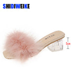 5CM Summer Fluffy Peep Toe Sexy High Heels Women Shoes Fur Feather Lady Fashion Wedding Slip-On Square Toe Women