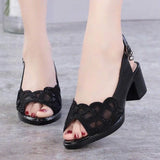 Women's Sandals Summer Mesh Fish Mouth Chunky Heel Semi-High Heeled Hollow Out Soft Bottom Mom Shoes Zapatos Para