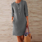 2020 Winter Autumn Button Cotton Linen Dress women Elegant O-Neck Knee length Long Sleeve Pocket Solid Dress Plus
