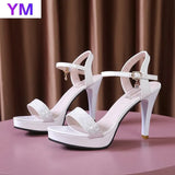 2020 Women Sandals Beige Shallow Sexy Crystal Sunmmer Fashion Women's Sandals Gladiator Buckle Strap Casual High Heel