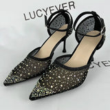 Sexy Black Mesh High Heels Shoes Women Summer 2023 Pointed Toe Crystal Pumps Woman Shiny Ankle Strap Party Shoes