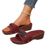 Breakj Belt Buckle Bottom One-Word Slippers Female Slope And Rivet Fish Mouth Slope And Beach Cold