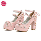Spring Autumn Ladies Vintage Super High Heels Platform Lolita Shoes Cute Bow Lace Princess Mary Janes Party Buckle Women