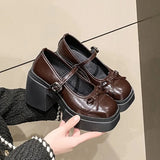 Breakj Spring New Thick-Soled Thick-Heeled Small Leather Shoes Women's Korean Version Of The Round Head Buttoned Bow Mary Jane Single