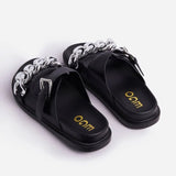 Summer Women Metal Chains Slipper Open Toe Runway Ladies Green Black White Med Heel Slides Shoes Peep Toe