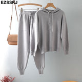 2 Pieces Set Women Knitted Tracksuit hooded Sweater + Harem Pants Pullover 2021 Sweater Set CHIC Knitted hooded
